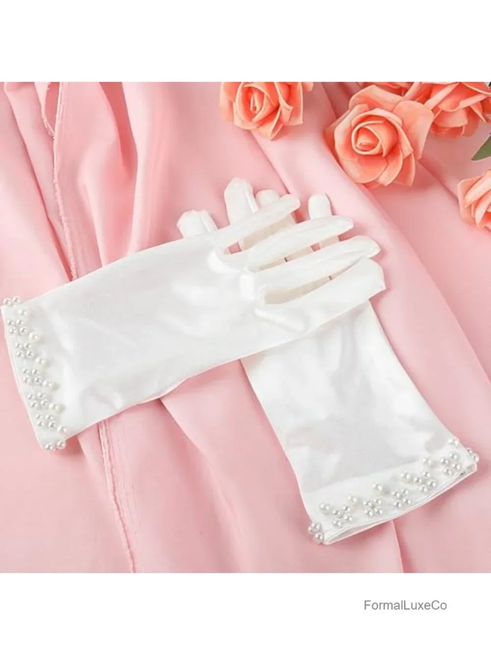 Women's Satin Gloves with Pearl Wrist - 1920s Tea Party & Wedding Accessories